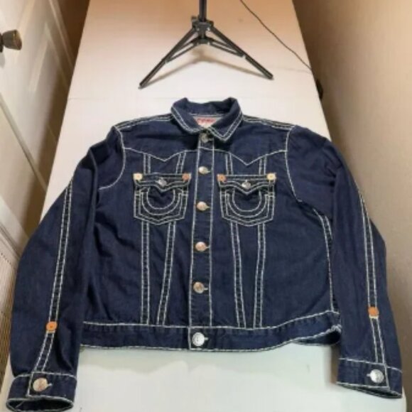 Y2K True Religion Thick Stitch Blue Denim Jacket 🧥Sz XXL - Picture 1 of 9